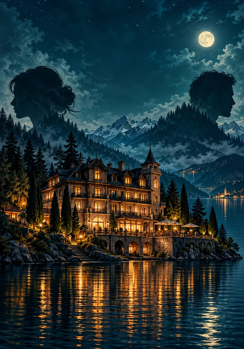 Buchcover Tatort Zweisamkeit: eine beleuchtete Villa am See bei Nacht, darüber zwei Gesichter im Profil im Sternenhimmel